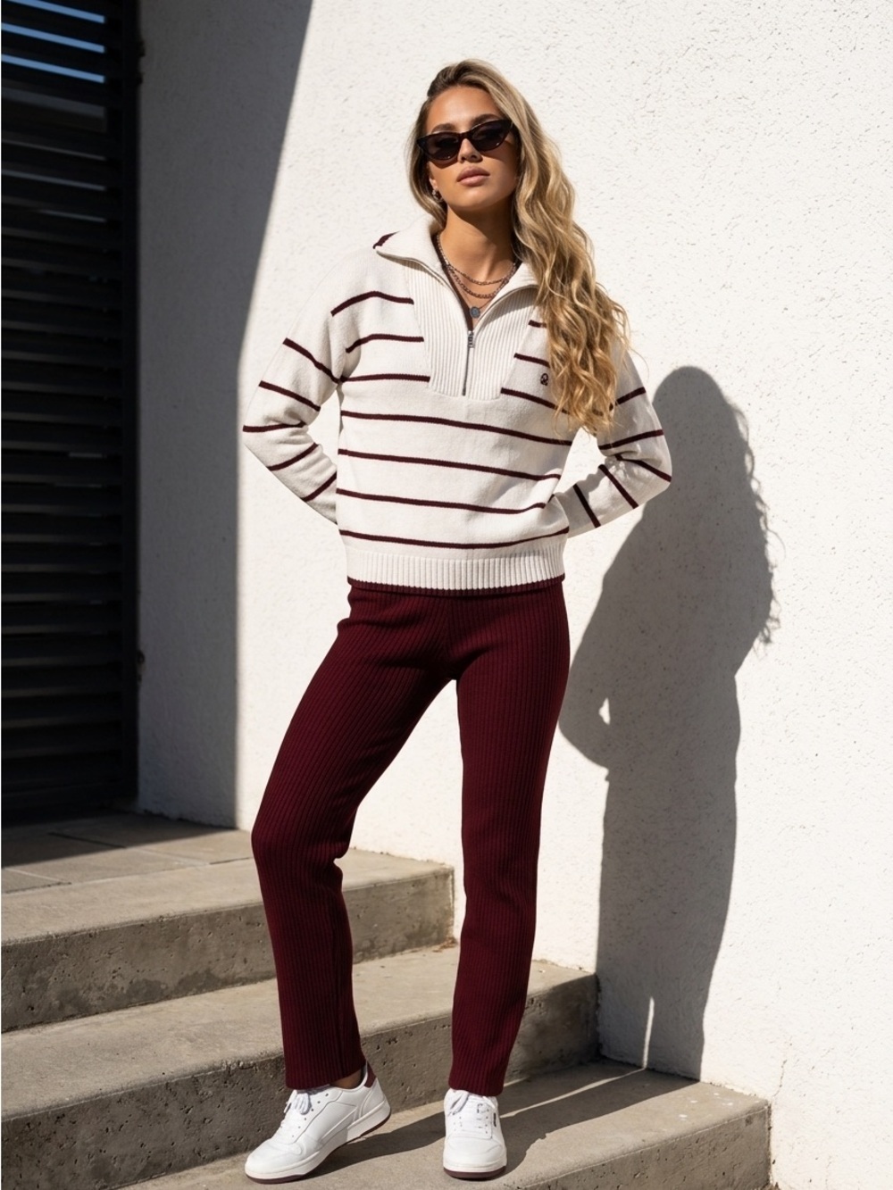 United Colors of Benetton Ribbed Knit Sweater Burgundy Stripe Size Medium